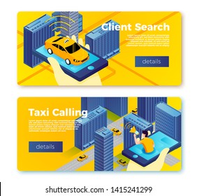 Vector taxi application service banner templates concept, hand with phone and car on it, man calling for cab . With place for your text