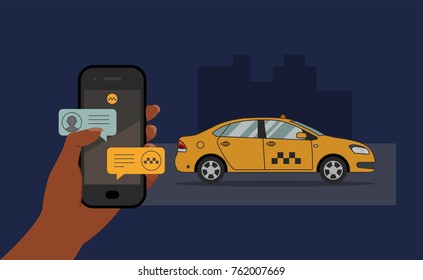 Vector taxi booking concept. Hand holding smartphone with message notifications and approaching cab on night city background