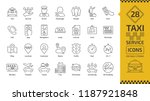 Vector taxi cab car service editable stroke line icon set with motor transport, driver, passenger on travel, people and city traffic thin outline sign.