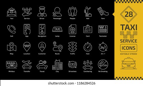 Vector taxi cab car service editable stroke line icon set on a black background with motor transport, driver, passenger on travel, people and city traffic thin outline symbol.