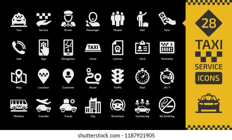 Vector taxi cab car service yellow icon set on a black background with motor transport, driver, passenger on travel, people and city traffic flat silhouette symbol.