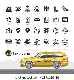 Vector taxi cab car service icon set with yellow station wagon mockup. Motor transport, driver, passenger, navigation, mobile app and city traffic flat silhouette symbol.