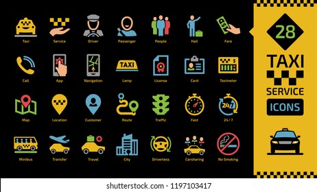 Vector taxi cab car service color icon set on a black background with motor transport, driver, passenger on travel, people and city traffic flat colorful silhouette sign.