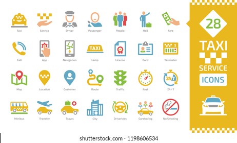 Vector taxi cab car service color icon set with motor transport, driver, passenger, call, app, navigation, taximeter, location and more flat colorful silhouette symbol.