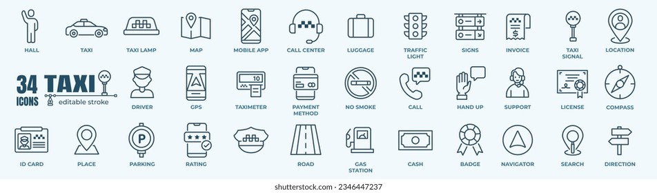 Vector taxi car or cab taxi service editable stroke line icon set with motor transport,app and driver.