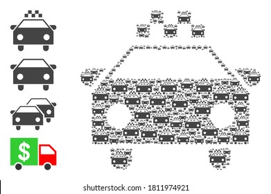 Vectortaxi Auto Mosaik besteht aus wahllosen Selbsttaxi Piktogramme. Rekursive Mosaik von Taxi Auto. Einige andere Symbole sind in dieser Vektorgrafik vorhanden.