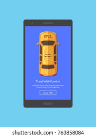 Vector taxi car top view order app screen for smartphone template. Smartphone app taxi online illustration