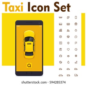 Vector taxi mobile app icon set. Includes taxi service related icons and smartphone with yellow taxicab on the screen