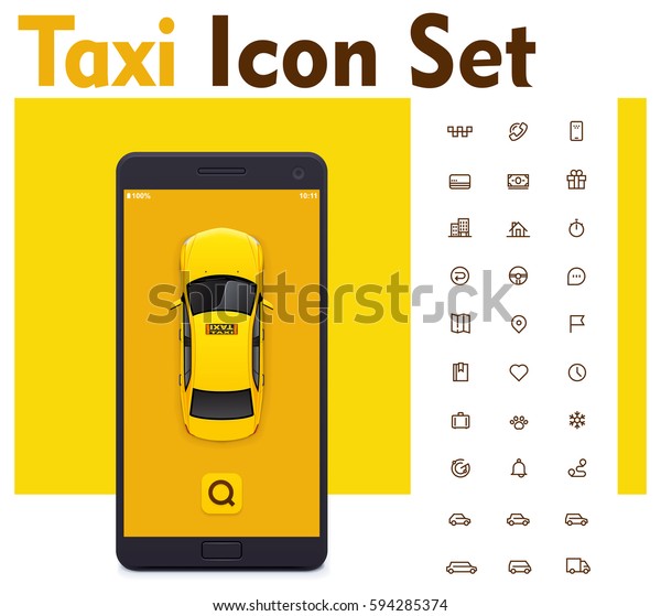 Vector taxi\
mobile app icon set. Includes taxi service related icons and\
smartphone with yellow taxicab on the\
screen