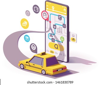 Vectortaxi mobile App Illustration, Smartphone mit gelbem Taxi, Karte auf dem Bildschirm