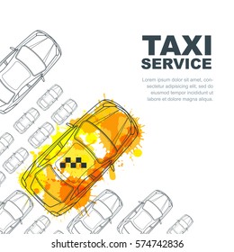 Vector taxi service banner, flyer, poster design template. Call taxi concept. Taxi yellow watercolor painted cab and outline cars isolated on white background.