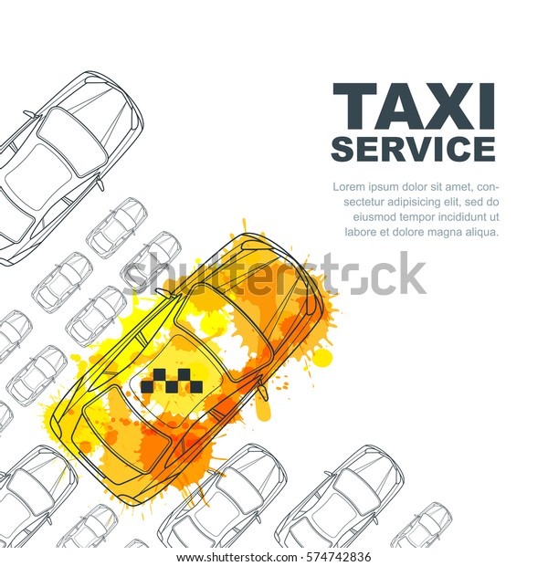 Vector taxi service banner,\
flyer, poster design template. Call taxi concept. Taxi yellow\
watercolor painted cab and outline cars isolated on white\
background.