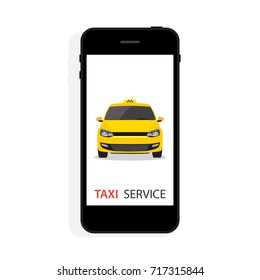 Vector taxi service concept. Yellow taxi car and smart phone.