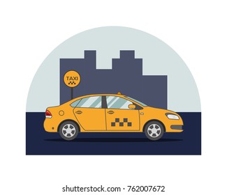 Vector taxi service concept. Yellow sedan in profile view on