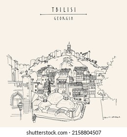 Vector Tbilisi, Georgia postcard. Muslim quarter (Azerbaijani distict). Sulphur baths, Narikala fortress, beautiful houses. Travel sketch drawing. Hand drawn vintage touristic postcard illustration