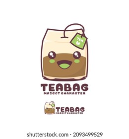 vector tea bag cartoon mascot, with a happy expression, suitable for, logos, prints, stickers, etc, isolated on a white background.