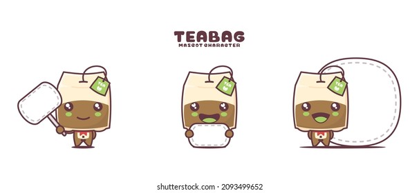 vector tea bag cartoon mascot, with blank board banner, isolated on a white background.