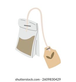 The vector tea bag is flat. Green, black rectangular tea bags for brewing. A bag with a label. It's tea time. For hot drinks for brewing with water. Colored light illustration