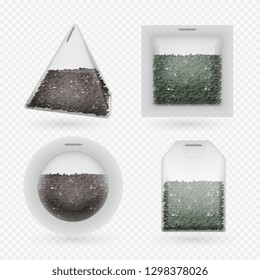 Vector tea bags with black and green brewing tea isolated on transparent background