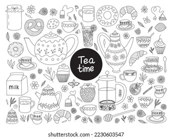 Vector tea ceremony hand drawn set. Tea collection vector doodle set. Teapot, cup, flowers, desserts, jam and croissant isolated