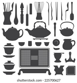 vector tea ceremony tools and equipment silhouette set