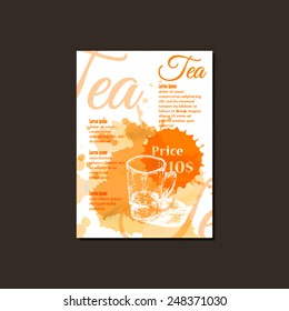 Vector Tea or Coffee House Menu card, Flyer, Magazine Cover & Poster Template. With watercolor background. Can be used for business design.