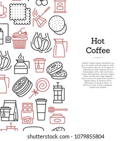 Vector tea and coffee linear icons background with place for text illustration