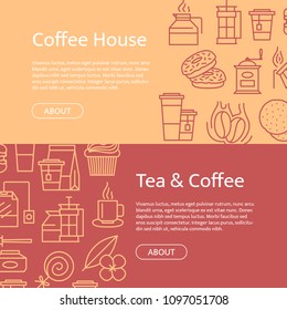 Vector tea and coffee linear icons horizontal web banner templates illustration