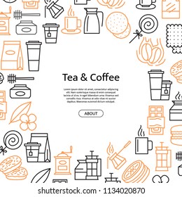 Vector tea and coffee linear icons background with place for text illustration. Coffee house or shop related objects. Tea theme objects.