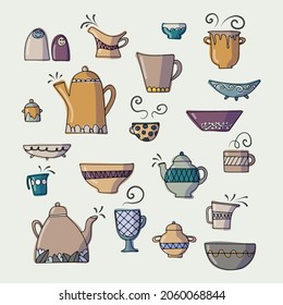 Vector tea collection of vintage tableware. Cozy set with tea and coffee cups, plates, dishes, kettle and teapot. Kitchen elements. Isolated. Hand drawn food and drink. Tea party template.