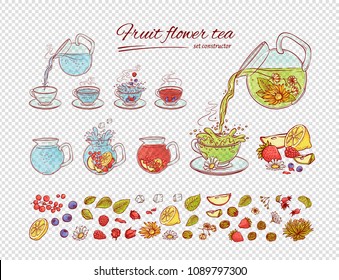 Vector tea constructor flowers fruits brew process  Make   pour in transparent cup hot cold aromatic drink and blossoming tea berries leaves  Sketch set collection hand drawn illustration