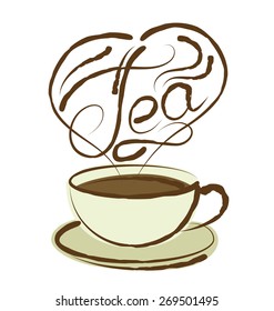 taza de té vectorial con inscripción caligráfica y aroma en forma de corazón