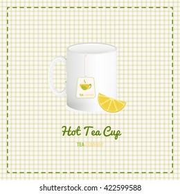 Vector tea cup close up with logo and lemon slices on checkered background. File with transparent objects.