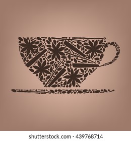 Vector tea cup consists of cinnamon, star anise, cardamom, allspice, vanilla pod and clove. Spice silhouettes cloud in shape of cup. Fully editable file for a packaging design and your other projects.