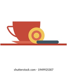 Vector tea cup with cookies on saucer isolated on white