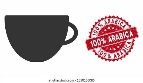 Vector tea cup icon and corroded round stamp watermark with 100% Arabica phrase. Flat tea cup icon is isolated on a white background. 100% Arabica stamp seal uses red color and dirty surface.