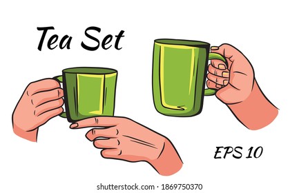 vector tea cup illustration. Set of cups of tea with hands. Isolated pictures.
