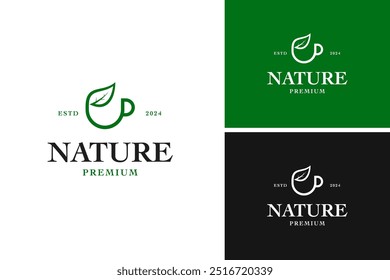 Vector tea cup with leaf logo design illustration template idea