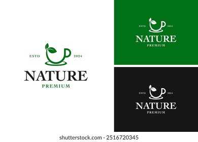 Vector tea cup with leaf logo design illustration template idea