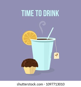 Vector tea cup on pastel background in flat style. A cup of green tea with a slice of lemon and a cupcake. Hot drinks glasses. Take away or take-out tea beverage signs. 