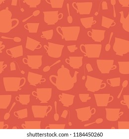 Vector Tea cup silhouettes seamless pattern background peach orange. Tea time. Cups, teapots, spoons, teabags. For packaging, fabric, menu, cafe, bakery, tea party, card, winter, scandinavian