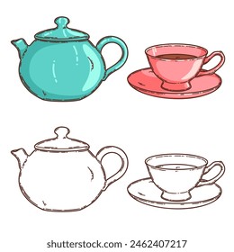 Vector tea cup and teapt coloring book page