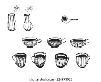 vector tea cups collection and flowers in vases