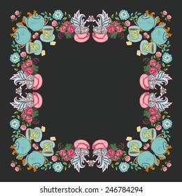 Vector tea flower wreath frame with a teapot, cups, flower arrangements  on a dark vintage background. Hand drawing elements for your design.