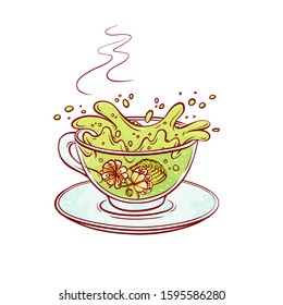 Vector tea flowers brew process in transparent cup hot aromatic drink with blossoming tea leaves. Sketch hand drawn illustration.