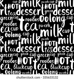 Vector tea illustration with hand drawn alphabet. Black and white. Letters written with a brush. 