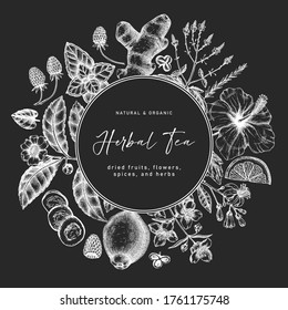 Vector tea ingredients wreath design on chalkboard. Hand sketched herbs, fruits, flowers, and leaves illustrations.  Perfect for recipe, menu, label, icon, packaging, Summer tea background.