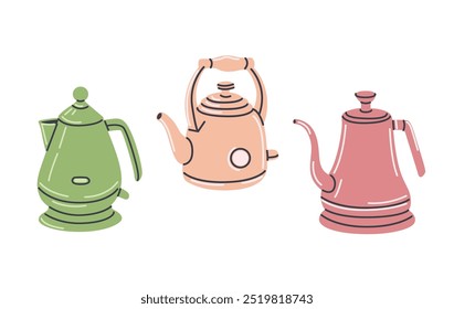 Vector tea kettles set. Vintage kitchen tableware collection.Teapots and kettles illustrations. Kitchen elements isolated on white.