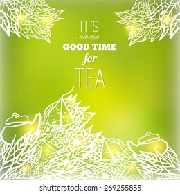 Vector tea leaves doodle with kettle and lemon on green blurred background.EPS10.