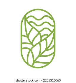 Vector Tea Leaves and waves for Farm Product Label Eco Logo Organic plant design. Round emblem linear style. Vintage abstract icon for natural products design cosmetics, ecological health.